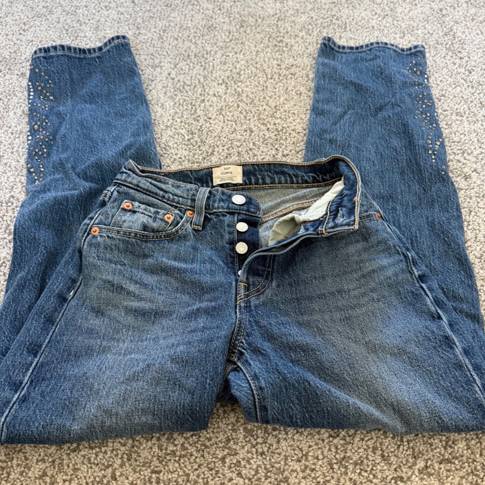 Levis 501 Curve Kids Blue Denim Rhinestone Embellished Straight Leg Jeans 501C